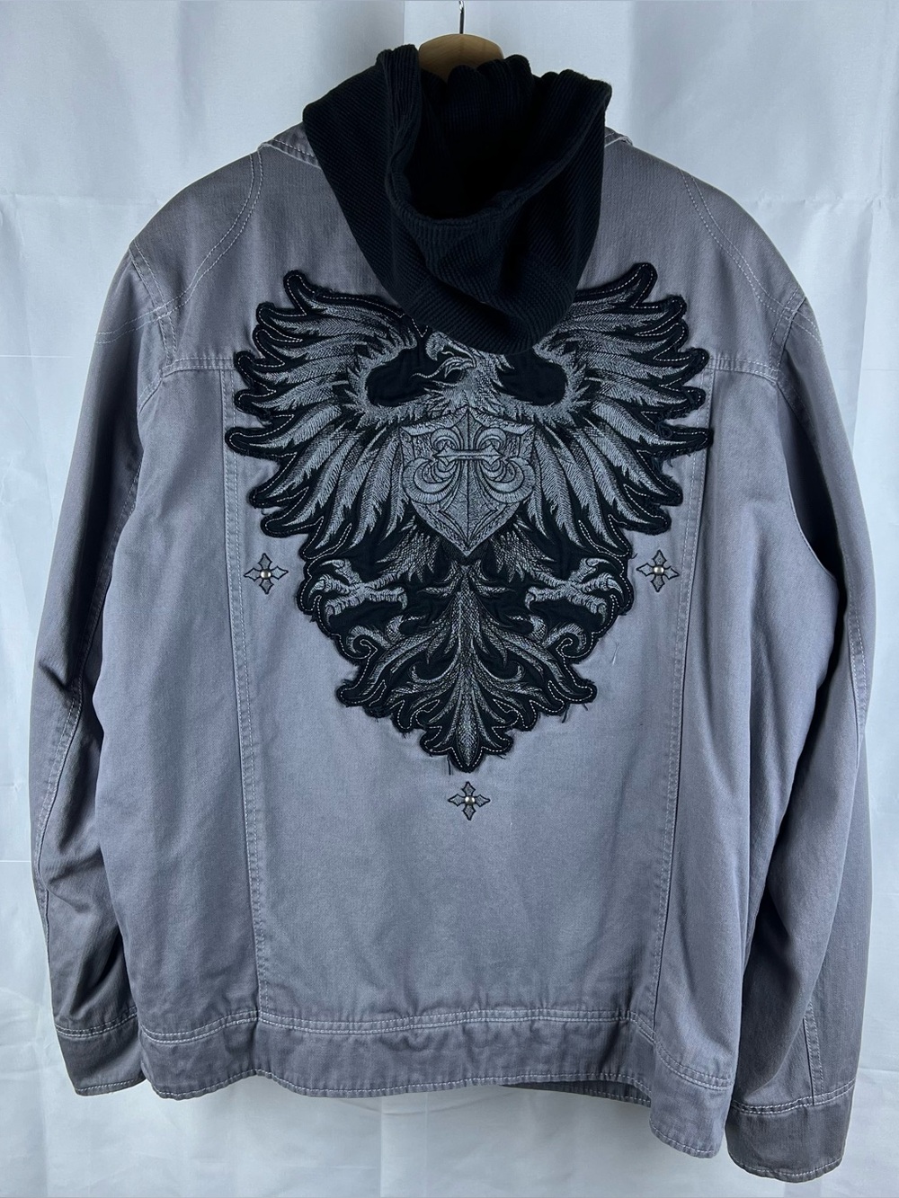 Affliction Rising Phoenix Jacket Gray Canvas Black Fur Lined Thermal Hoodie XL